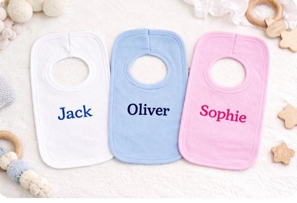 Personalised Baby Bib – Embroidered Pull Over Cotton Bib